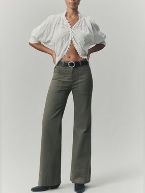Pilcro Rylan High Rise Wide Leg Flare Pants 25 Green Cotton Twill Casual Utility